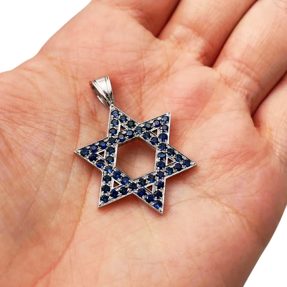 Star of David Pendant with Sapphires in 14K Gold - Large - Image 3