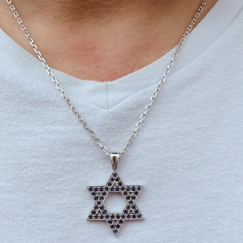 Star of David Pendant with Sapphires in 14K Gold - Large - Image 8