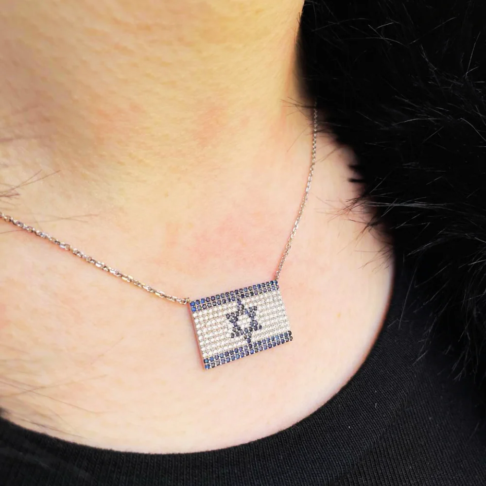 Israeli Flag Necklace in 14K White Gold with Diamonds and Blue Sapphires - Image 2