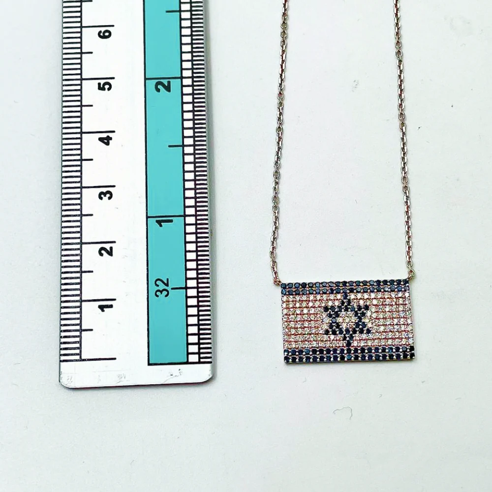 Israeli Flag Necklace in 14K White Gold with Diamonds and Blue Sapphires - Image 4