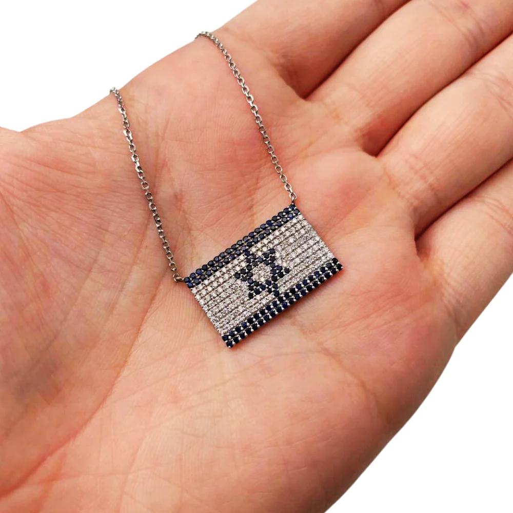 Israeli Flag Necklace in 14K White Gold with Diamonds and Blue Sapphires - Image 5