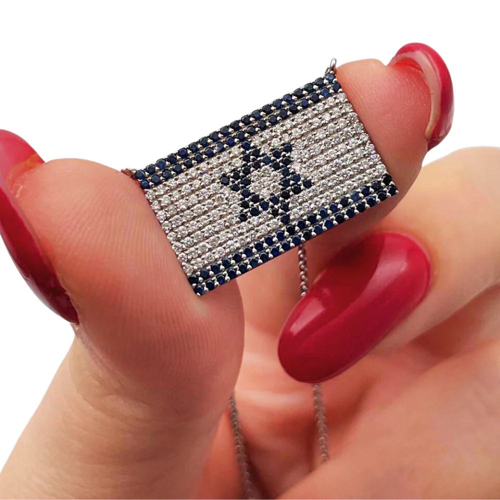 Israeli Flag Necklace in 14K White Gold with Diamonds and Blue Sapphires - Image 6