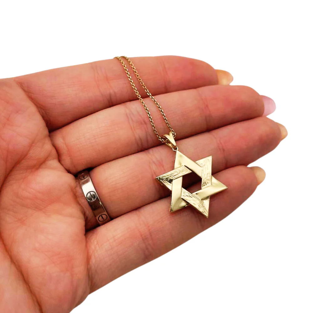 Modern Star of David Pendant in 14K Gold Semi Textured Interwoven Style - Image 2