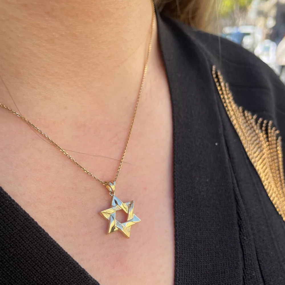Modern Star of David Pendant in 14K Gold Semi Textured Interwoven Style - Image 4