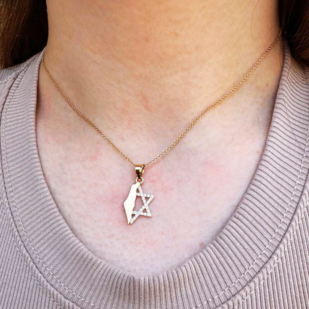 Israel Map with Star of David in 14K Gold Pendant with CZ - Image 6