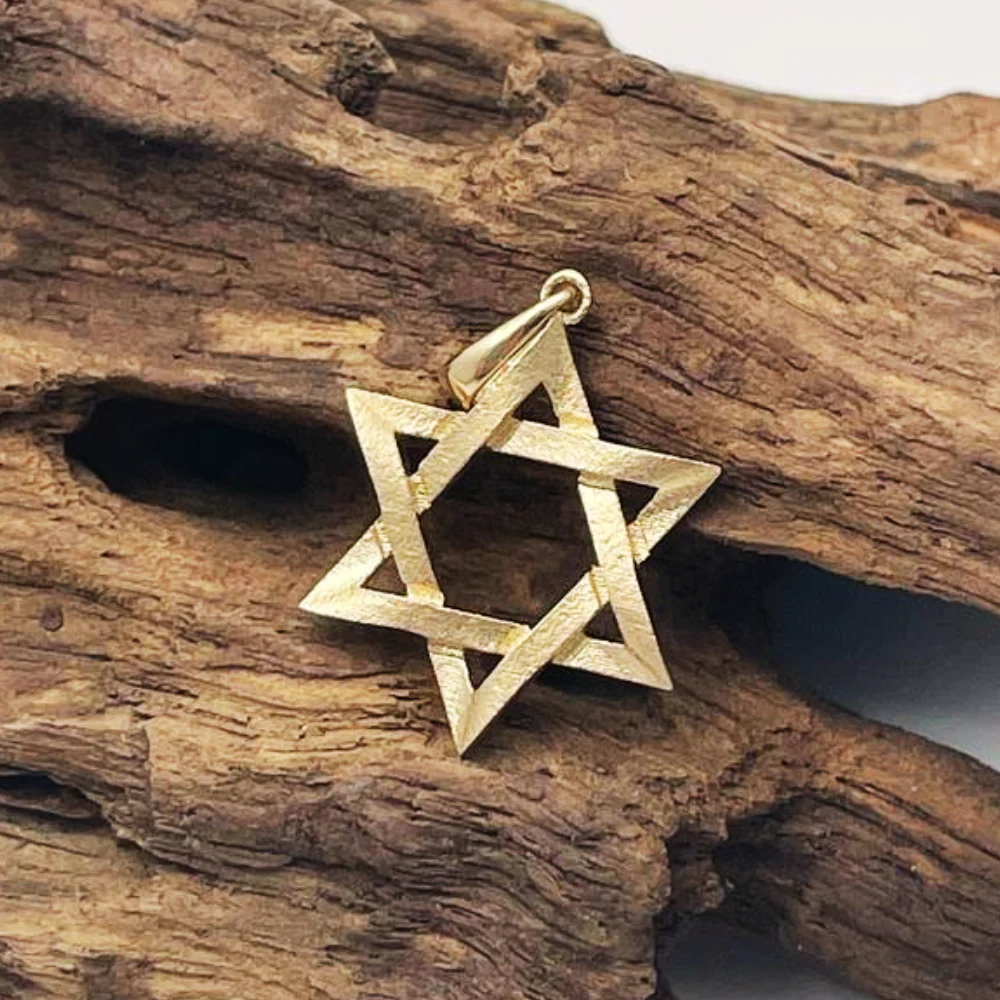 14K Gold Star of David Textured Design Pendant - Image 9
