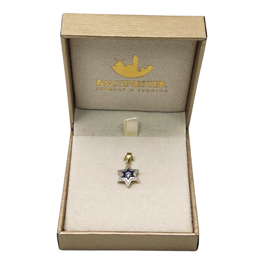 Diamond Star of David Pendant in 14K Yellow & White Gold with Blue Enamel - Small - Image 6