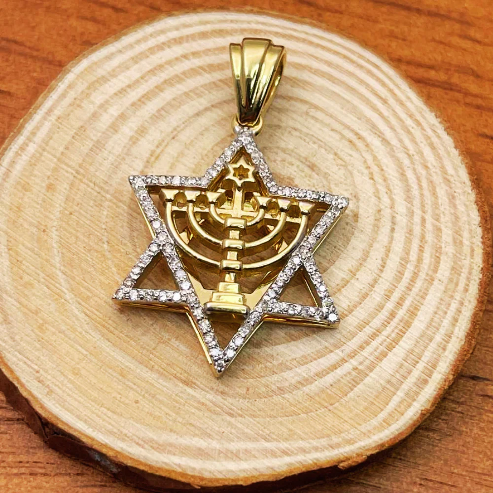 Diamond Studded Star of David Menorah Pendant in 14K Two Tone Gold - Large - Image 4