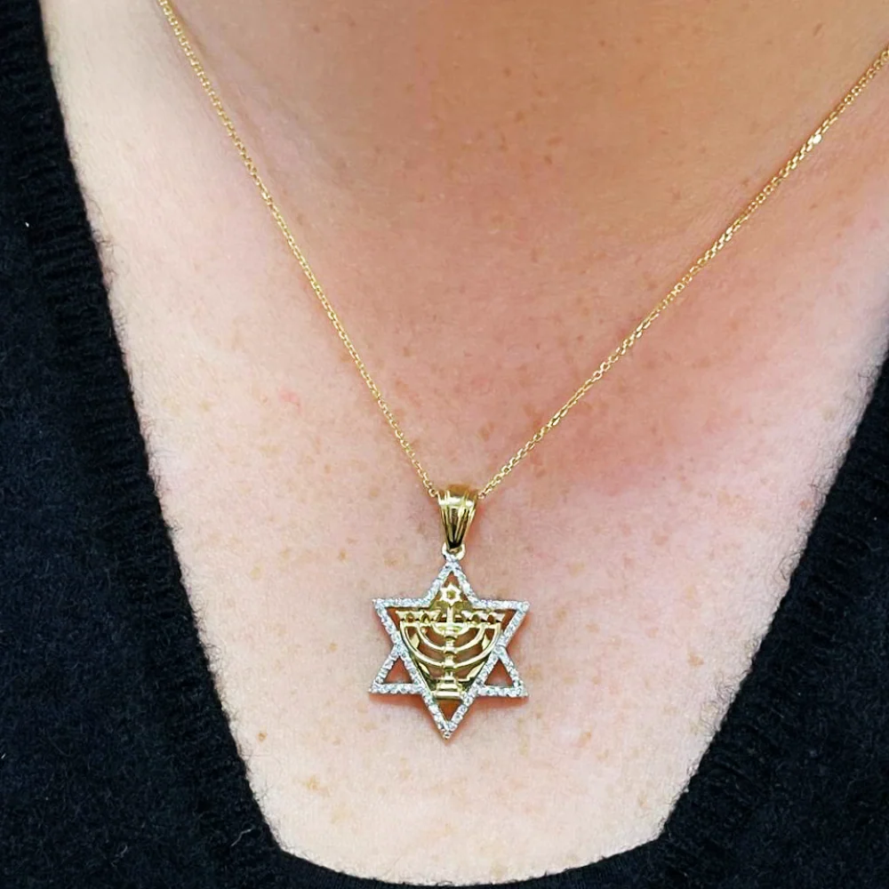 Diamond Studded Star of David Menorah Pendant in 14K Two Tone Gold - Large - Image 9