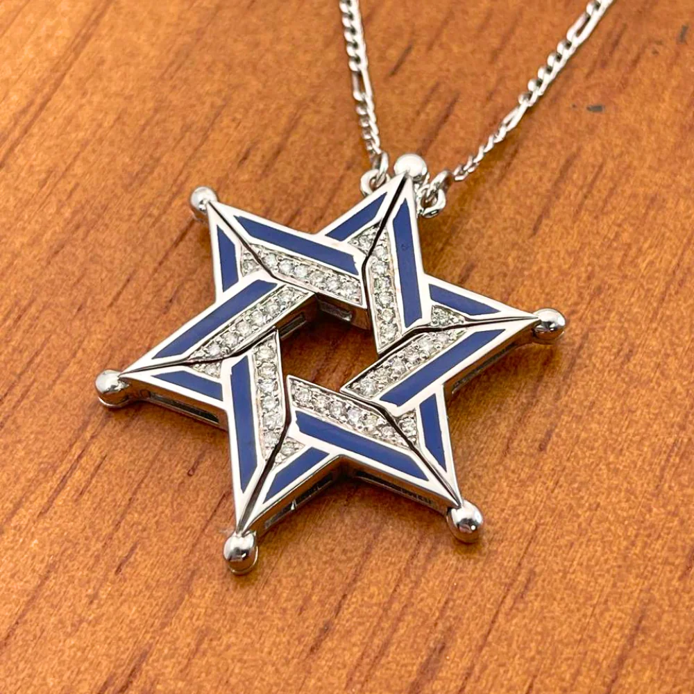 Expandable Star of David Butterfly Necklace in 14k Gold, Diamonds and Blue Enamel - Image 3