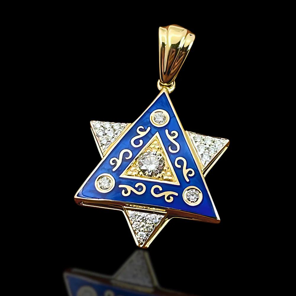 Diamond Star of David Pendant in 14K Gold with Blue Enamel and Designing - 1" Size - Image 10