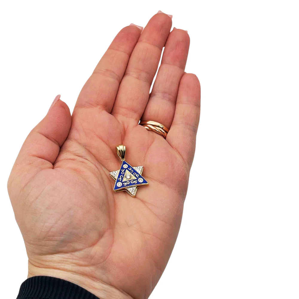 Diamond Star of David Pendant in 14K Gold with Blue Enamel and Designing - 1" Size - Image 3
