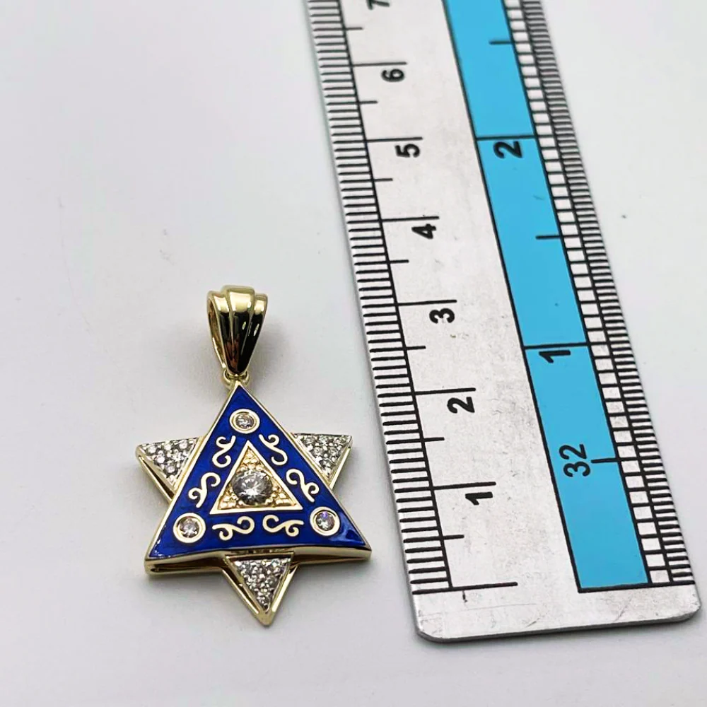 Diamond Star of David Pendant in 14K Gold with Blue Enamel and Designing - 1" Size - Image 4