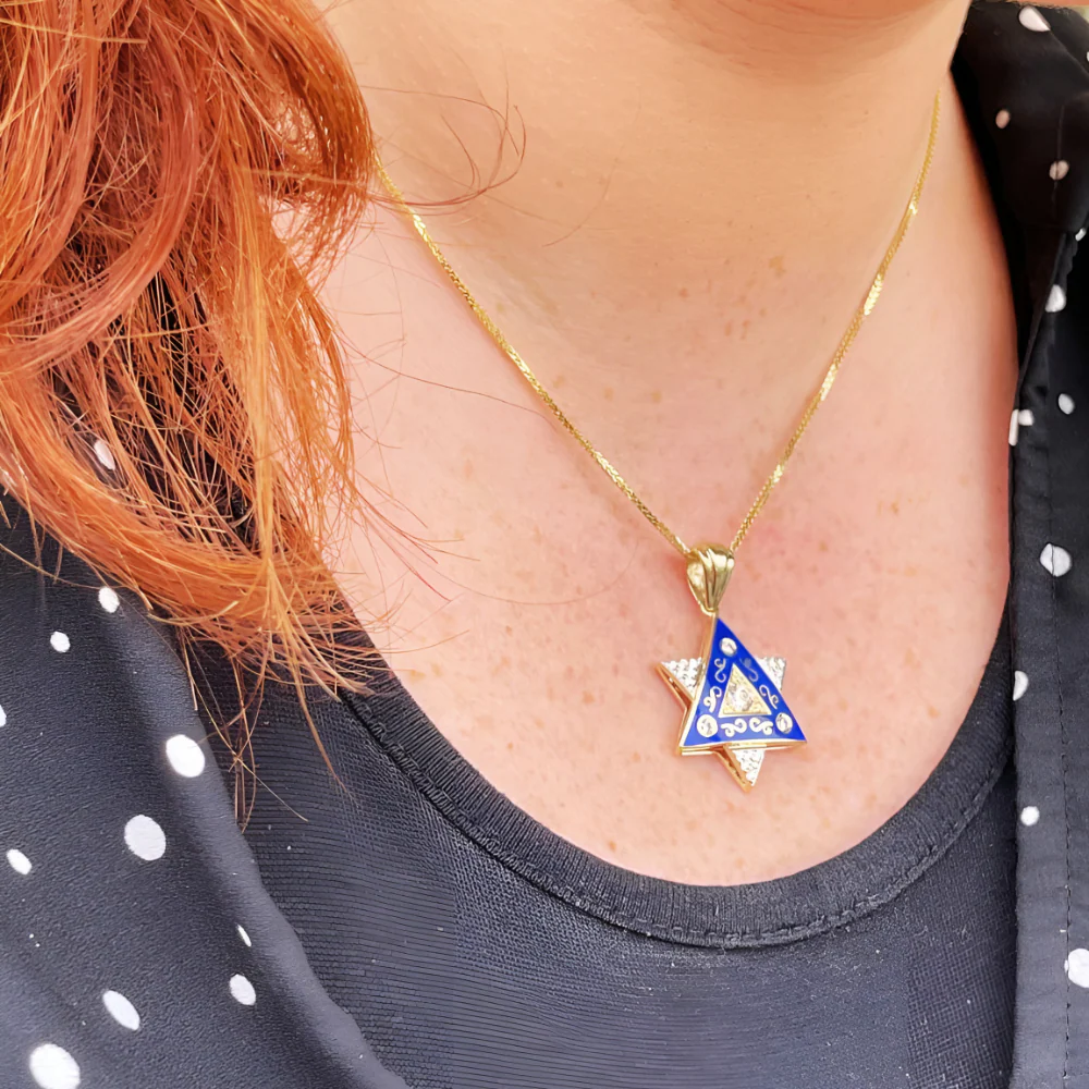 Diamond Star of David Pendant in 14K Gold with Blue Enamel and Designing - 1" Size - Image 7