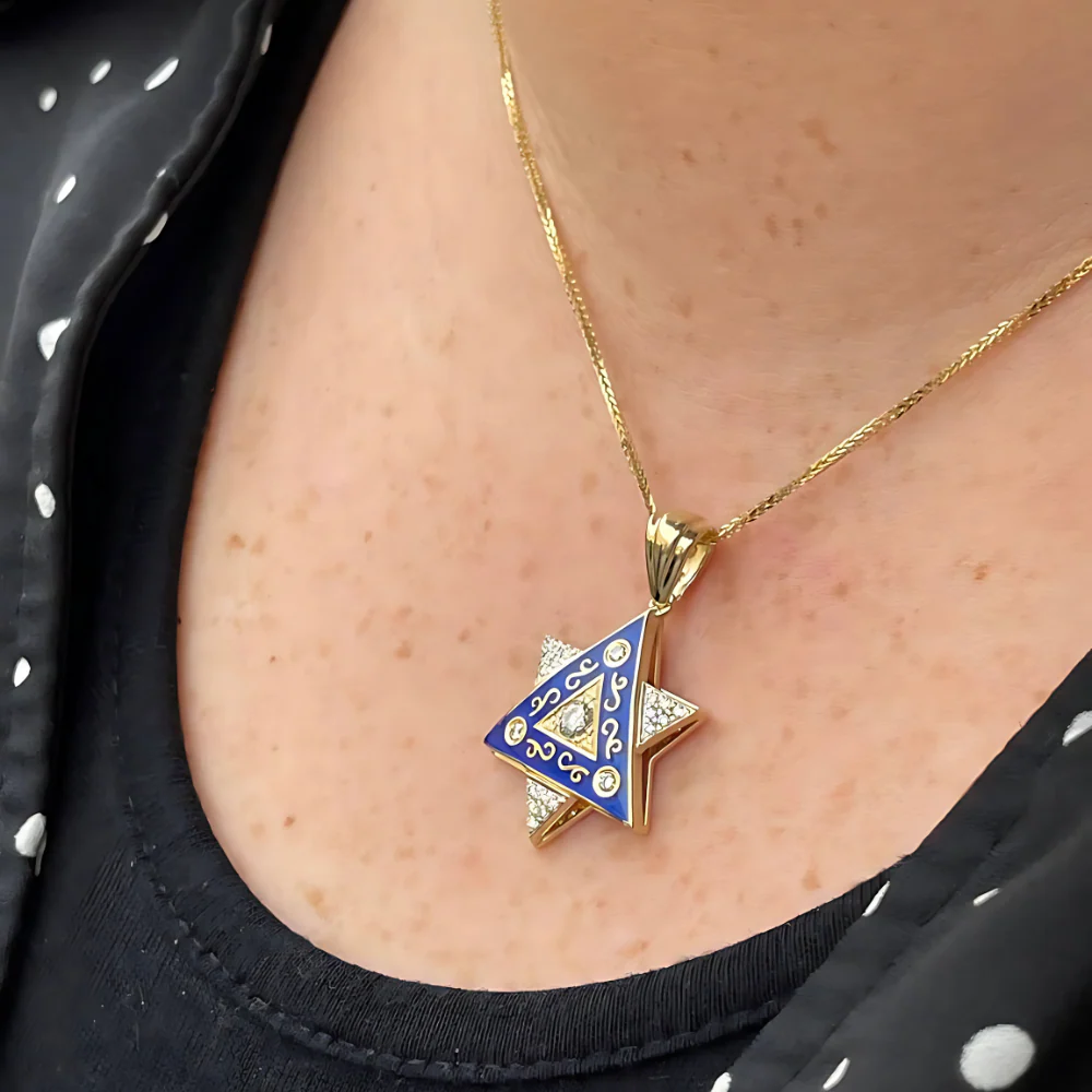 Diamond Star of David Pendant in 14K Gold with Blue Enamel and Designing - 1" Size - Image 8