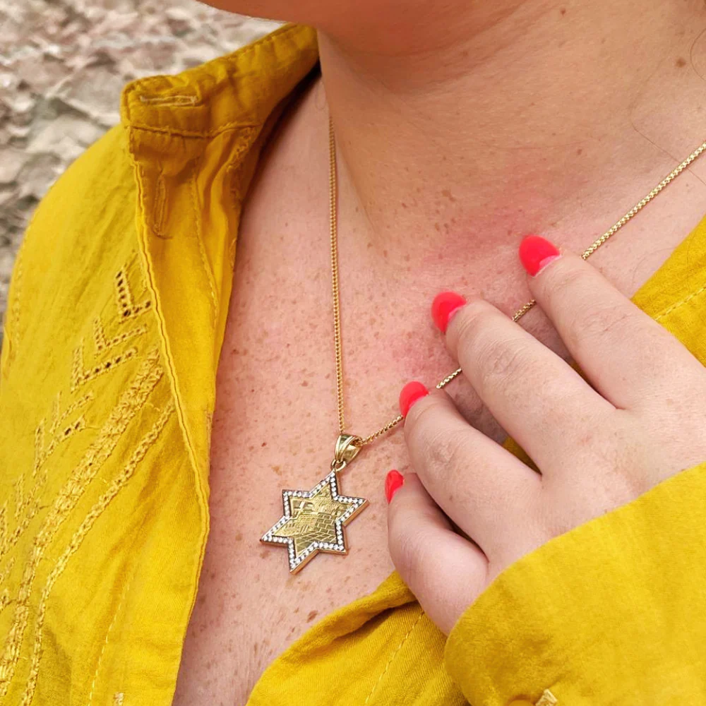 Star of David with Jerusalem Pendant in 14K Gold with Diamond Border - Image 6