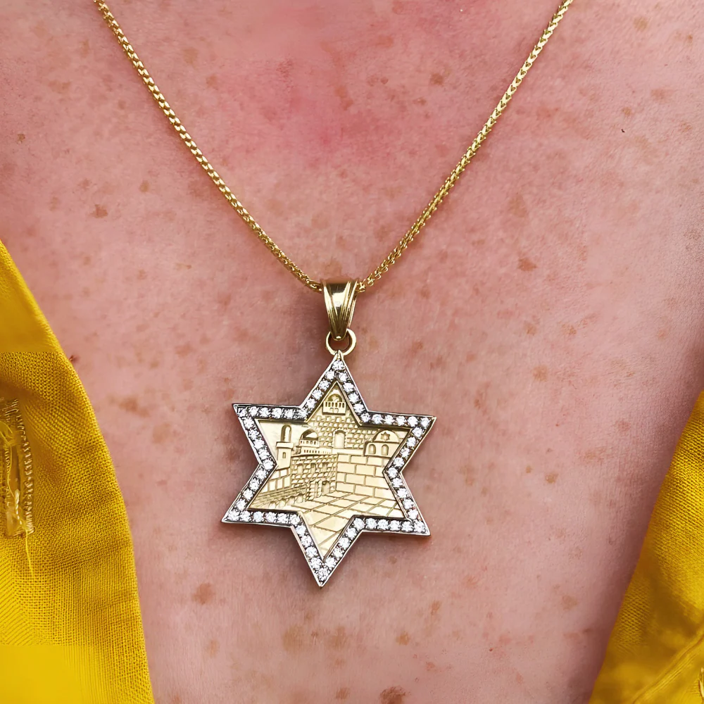 Star of David with Jerusalem Pendant in 14K Gold with Diamond Border - Image 7