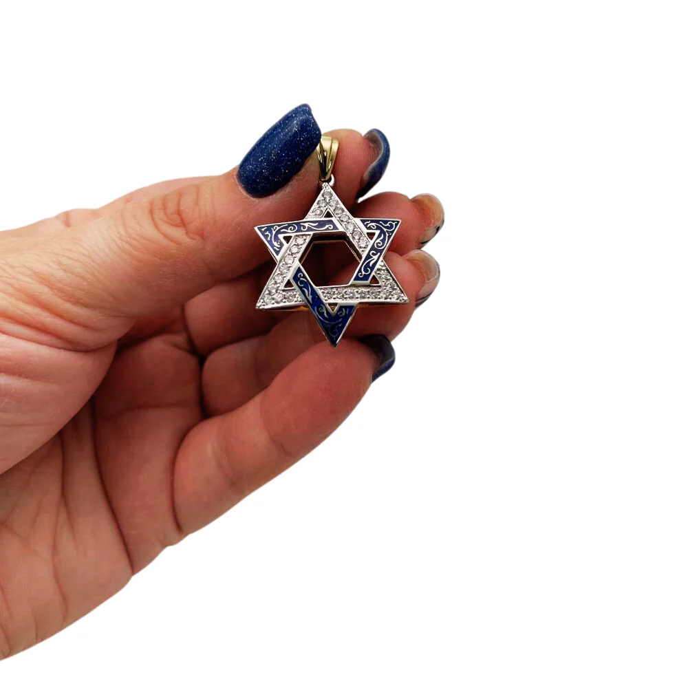 Star of David Pendant - 14K Yellow & White Gold with Blue Enamel Diamond-Studded - Image 2