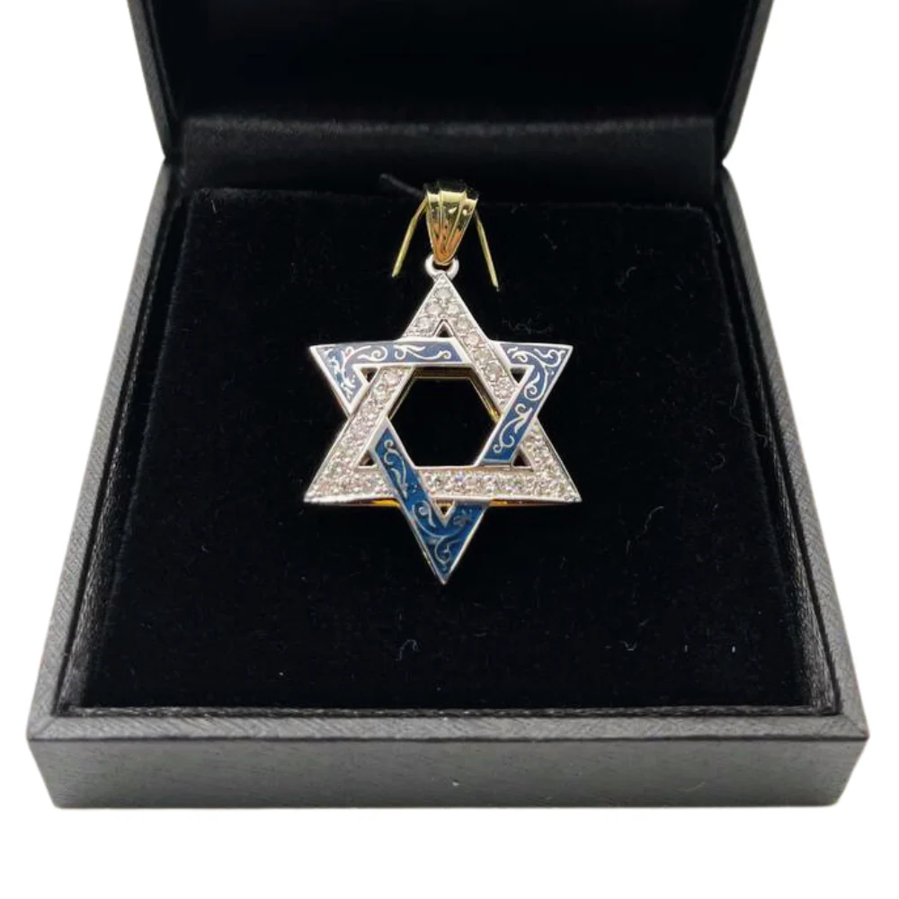 Star of David Pendant - 14K Yellow & White Gold with Blue Enamel Diamond-Studded - Image 4
