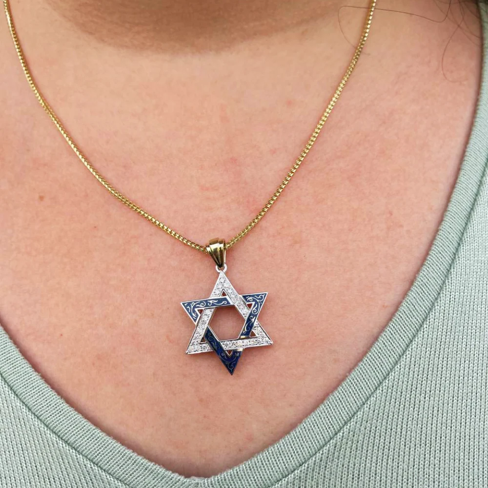 Star of David Pendant - 14K Yellow & White Gold with Blue Enamel Diamond-Studded - Image 6