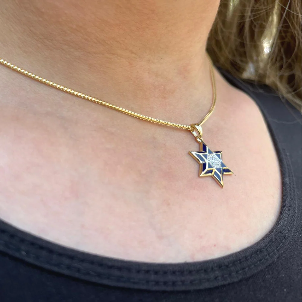 Star of David Pendant - 14K Yellow Gold Blue Enamel Diamond Embedded - Image 2