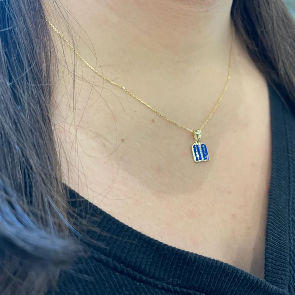Ten Commandments Pendant - 14K Yellow Gold and Blue Enamel Diamond-Studded - Image 3