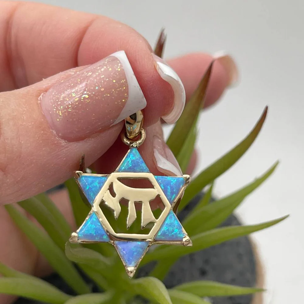 Opal Star of David Chai Pendant in 14k Gold - Image 2