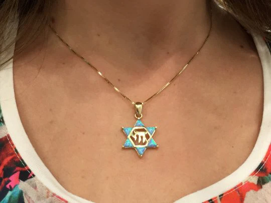 Opal Star of David Chai Pendant in 14k Gold - Image 4
