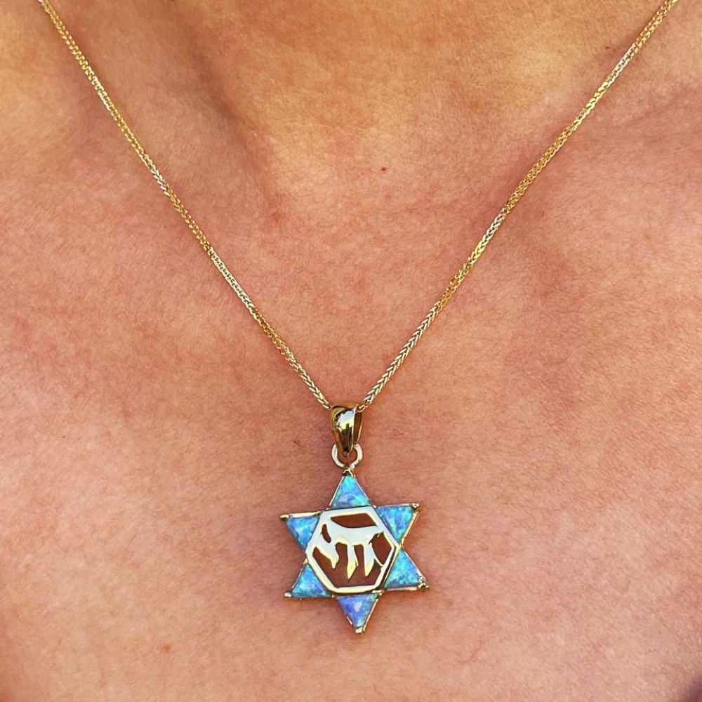 Opal Star of David Chai Pendant in 14k Gold - Image 7