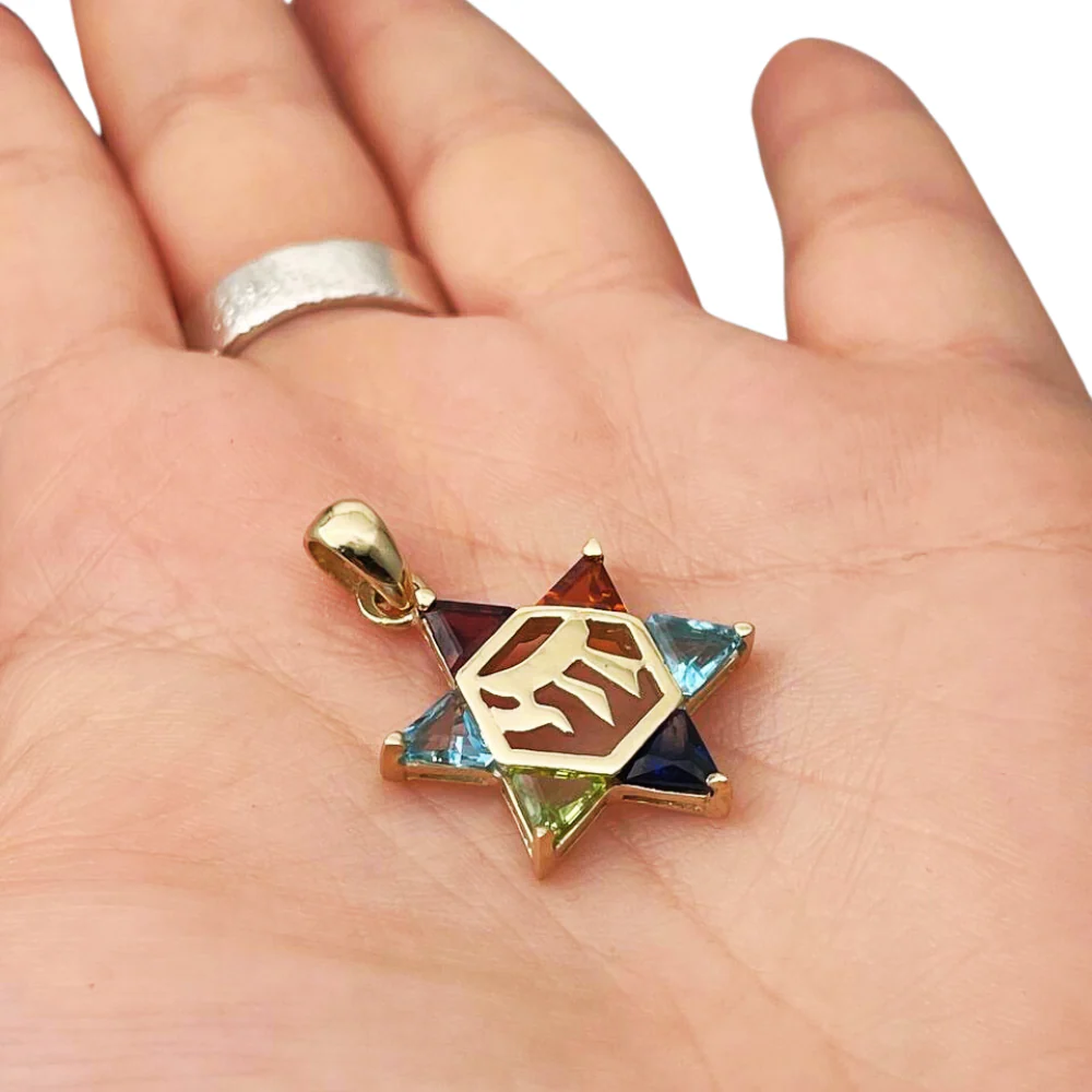 14k Gold Star of David Chai Multicolored Stone Pendant - Image 3
