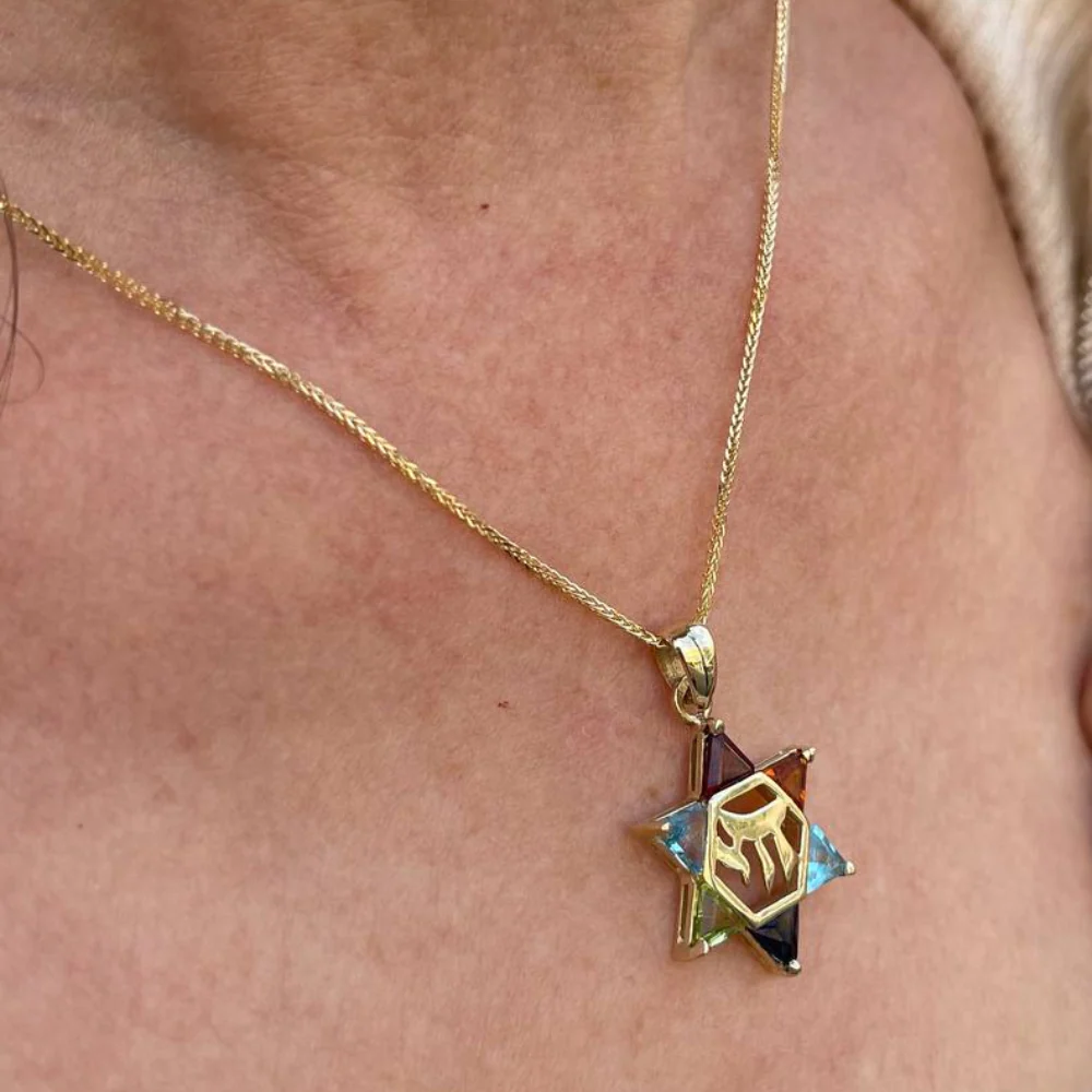 14k Gold Star of David Chai Multicolored Stone Pendant - Image 8