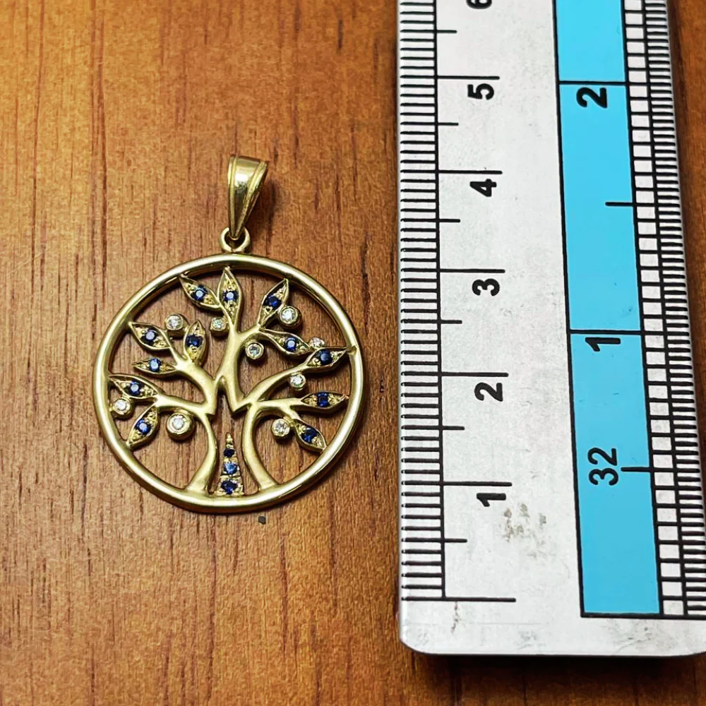 Tree of Life Round Pendant with Diamonds & Sapphires in 14K Yellow Gold - Image 4