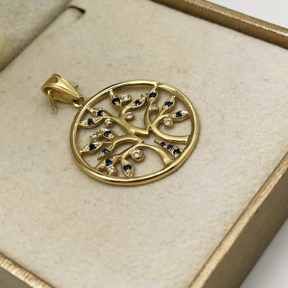 Tree of Life Round Pendant with Diamonds & Sapphires in 14K Yellow Gold - Image 6