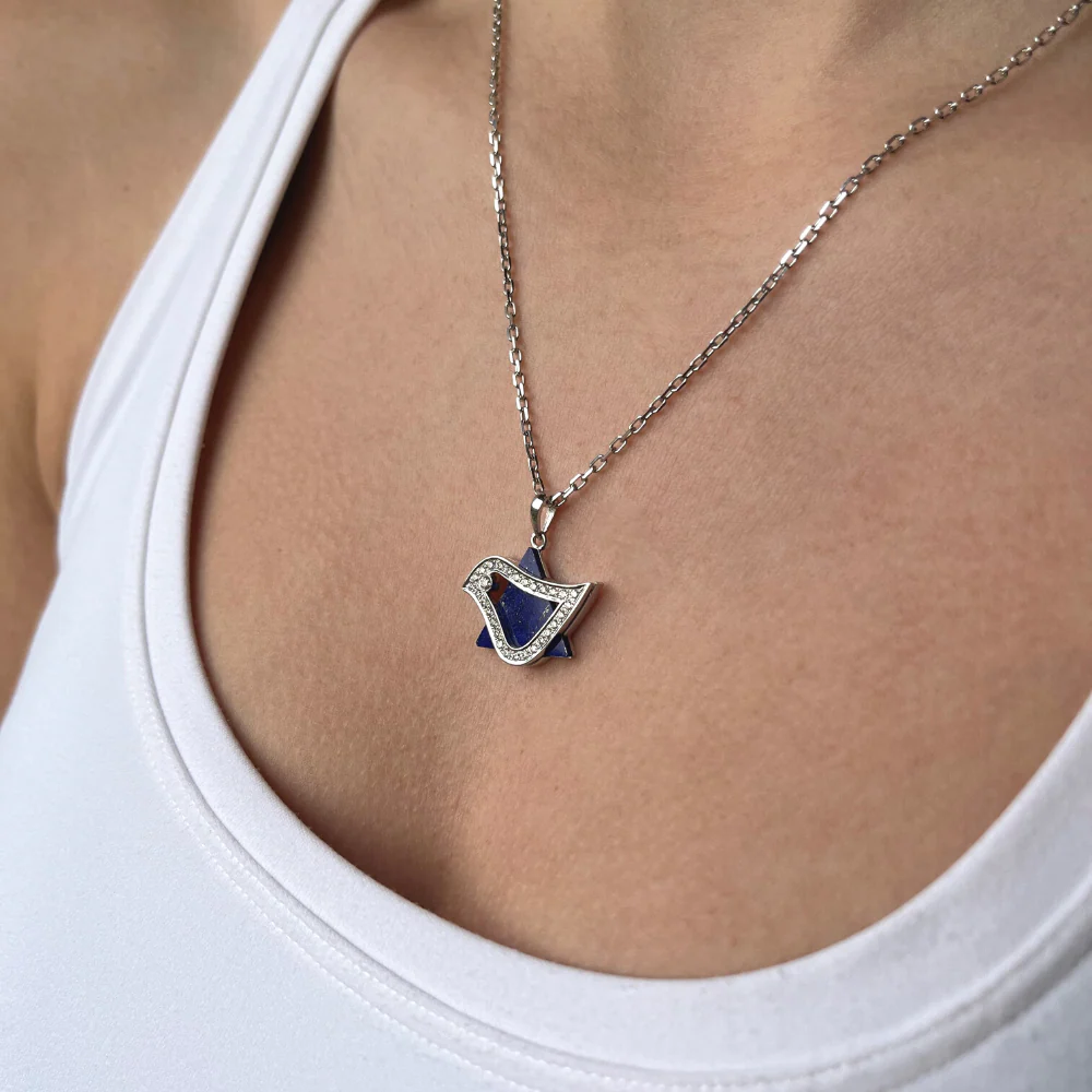 18k White Gold Diamond Lapis Lazuli Dove Star of David Pendant - Image 6