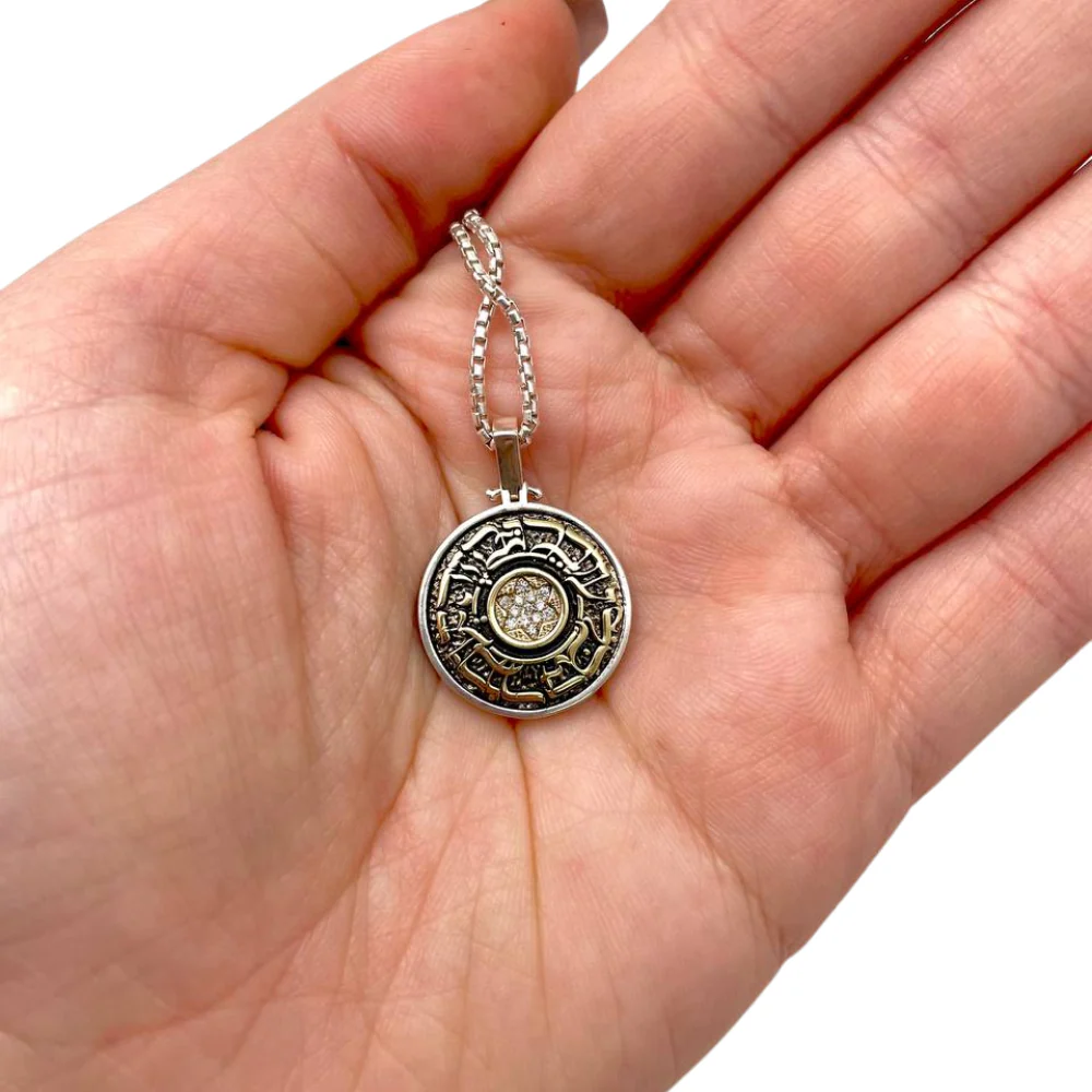 This Too Shall Pass Hebrew Necklace in Silver & Gold with Diamonds - Image 2