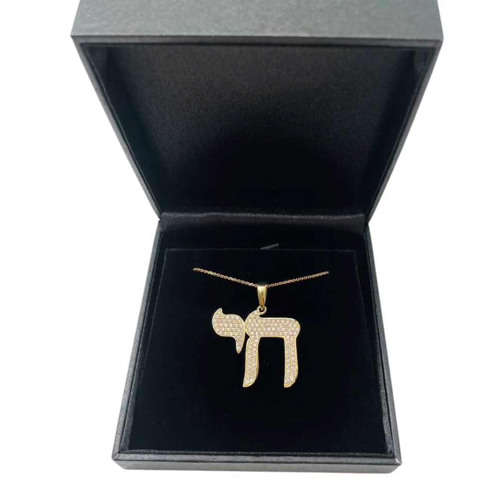 Diamond Studded Chai Pendant in 14K Gold - Large - Image 4