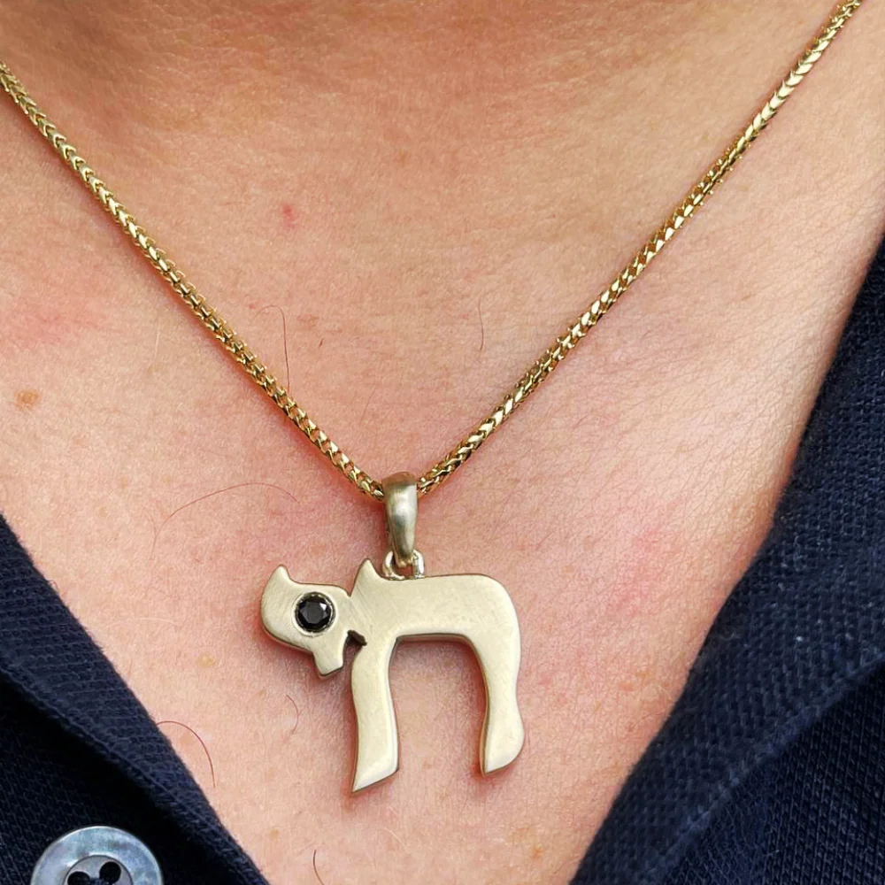 Chai Pendant in 14K Solid Gold with Black Diamond 0.27 CT - Image 7