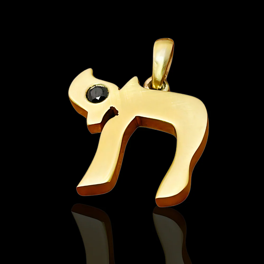 Chai Pendant in 14K Solid Gold with Black Diamond 0.27 CT - Image 8