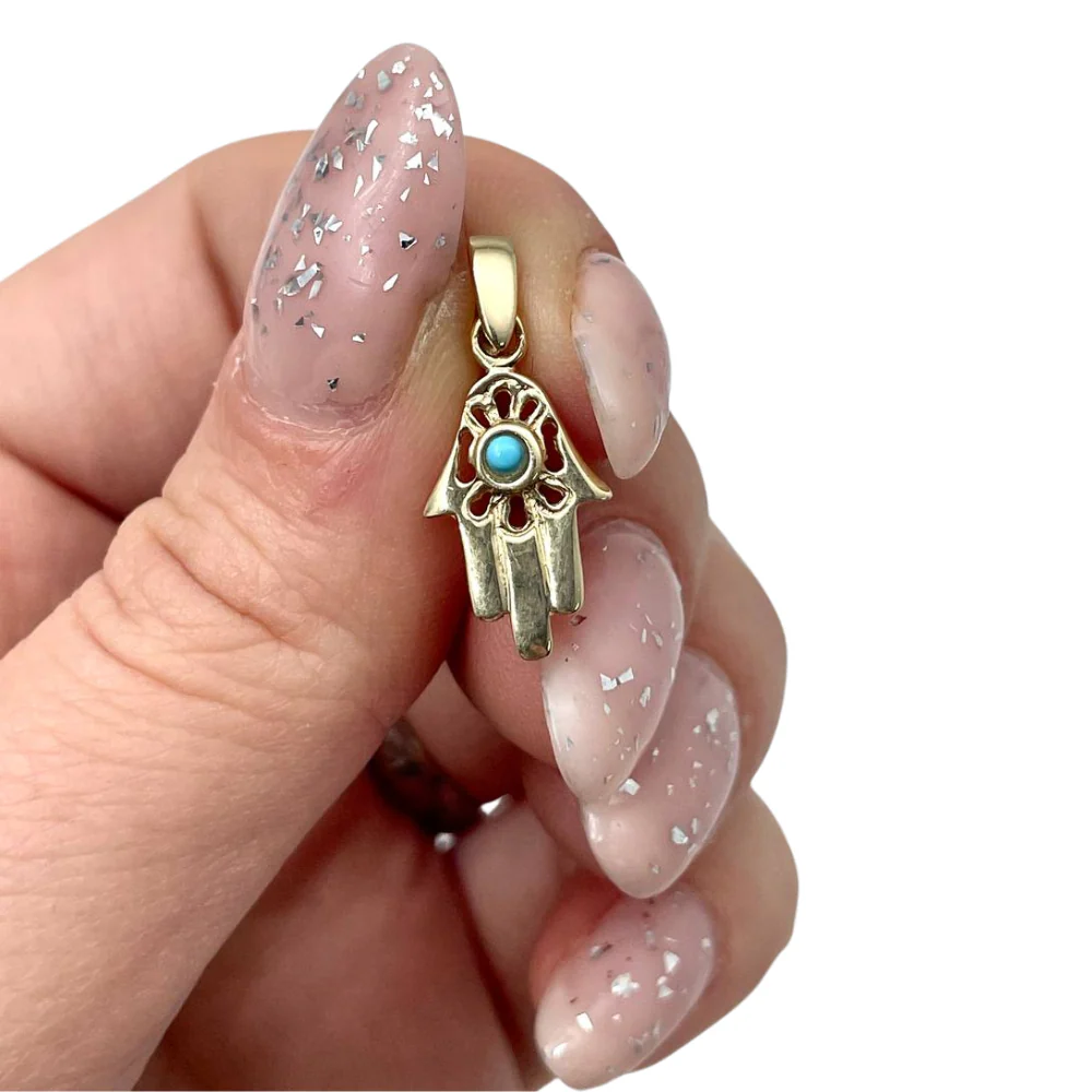 14k Gold Hamsa Pendant with Turquoise Stone - Image 2