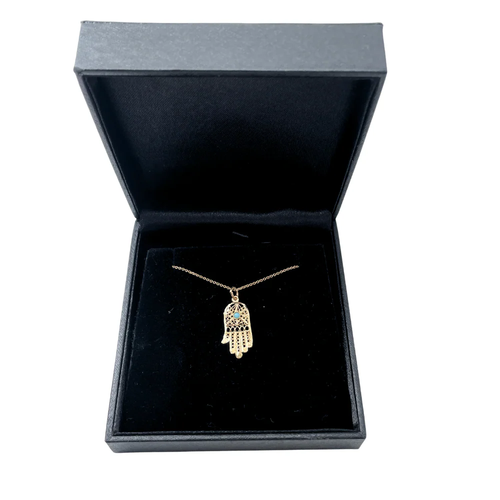 14k Gold Filigree Turquoise Hamsa Pendant - Image 3