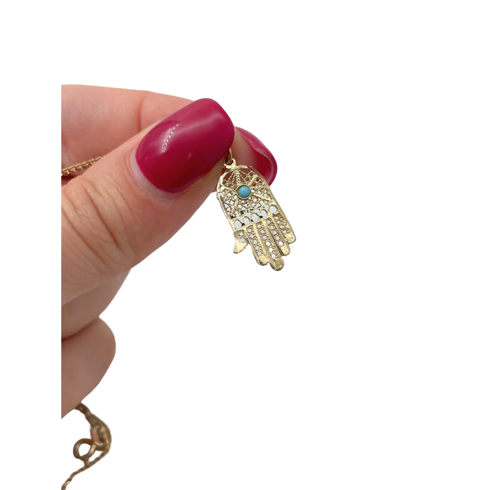 14k Gold Filigree Turquoise Hamsa Pendant - Image 4
