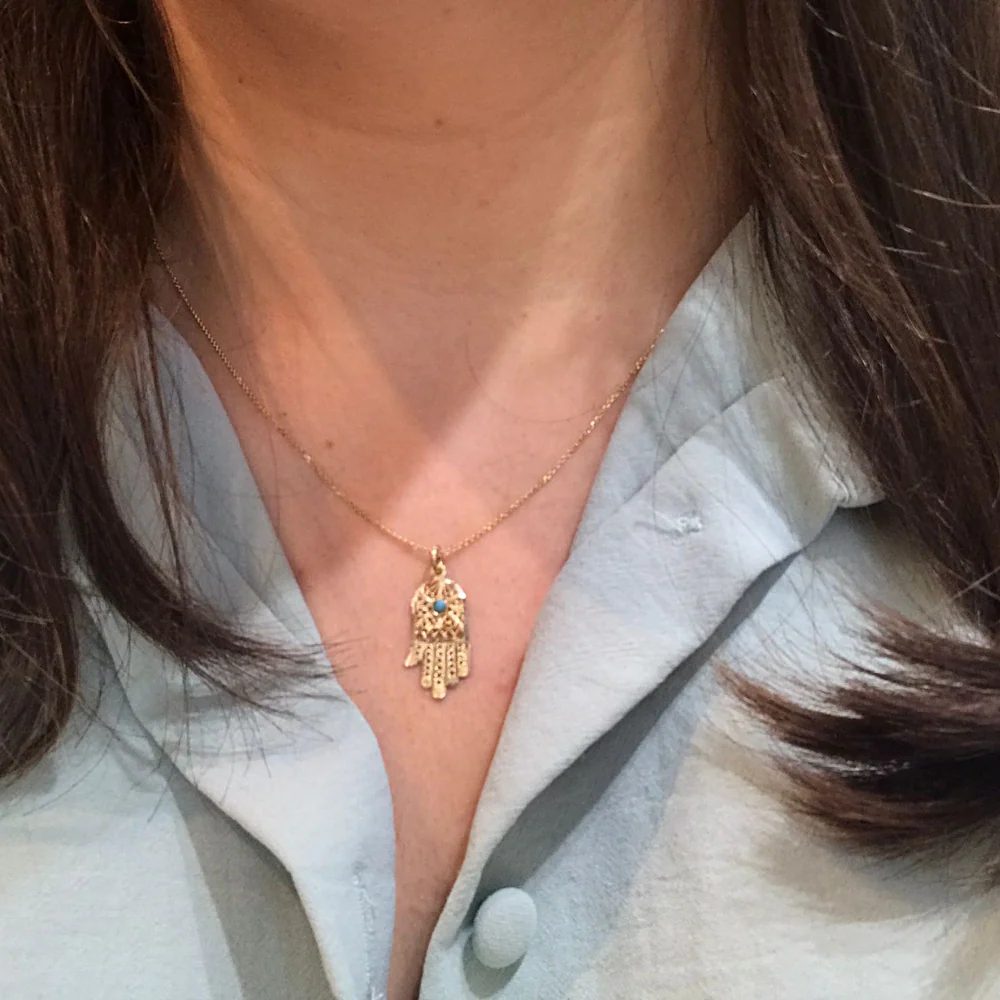 14k Gold Filigree Turquoise Hamsa Pendant - Image 5