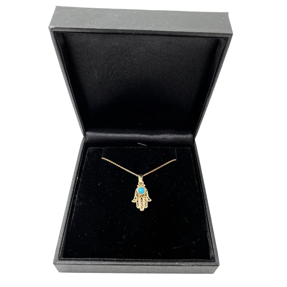 14K Gold Turquoise Filigree Mini Hamsa Pendant - Image 2