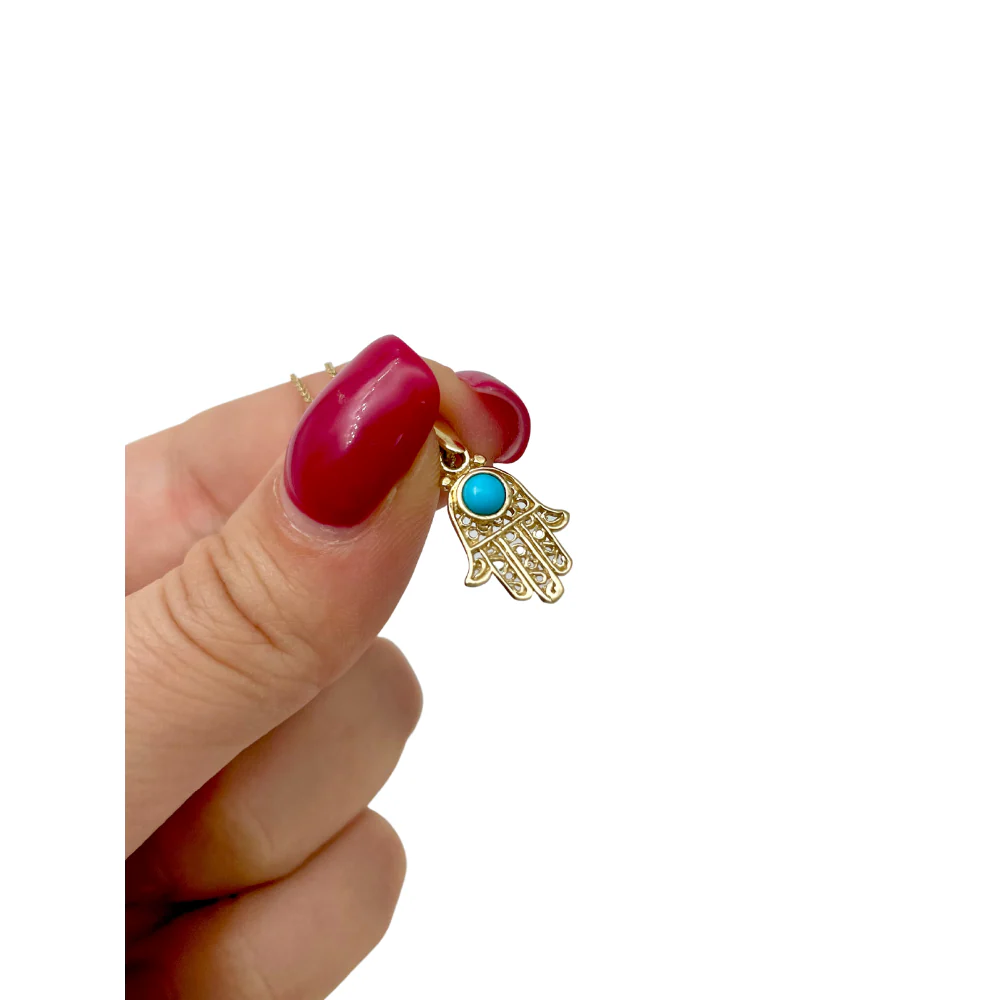 14K Gold Turquoise Filigree Mini Hamsa Pendant - Image 4