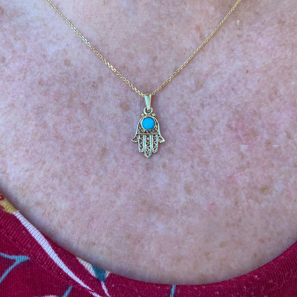 14K Gold Turquoise Filigree Mini Hamsa Pendant - Image 7