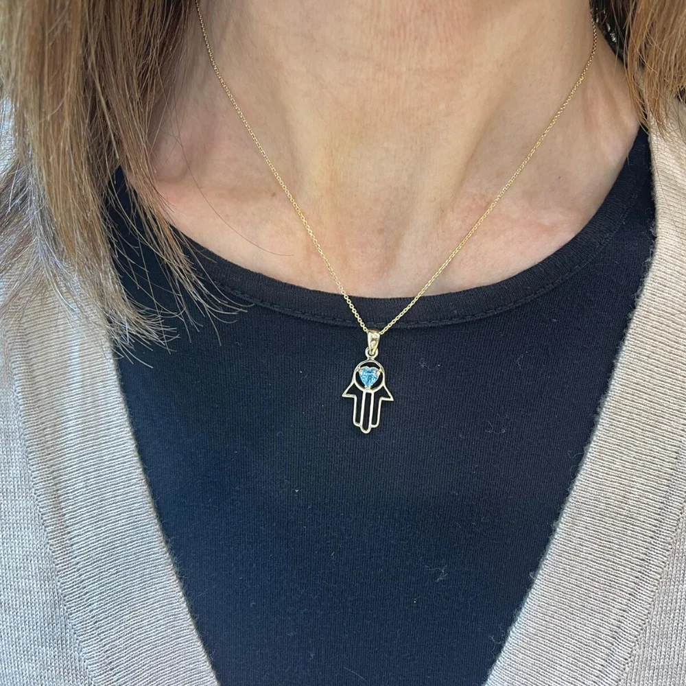 Heart Shaped Blue Topaz Hamsa Pendant - 14k Gold - Image 4