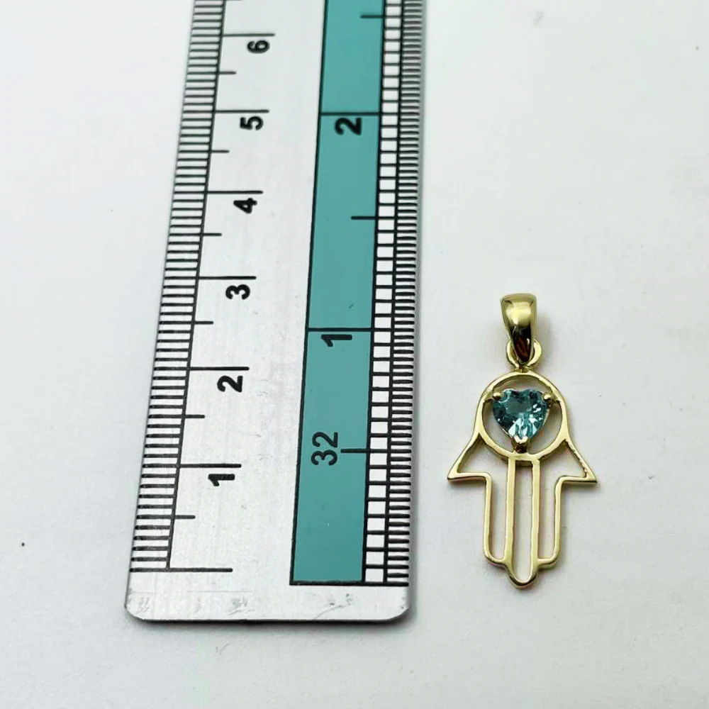 Heart Shaped Blue Topaz Hamsa Pendant - 14k Gold - Image 7