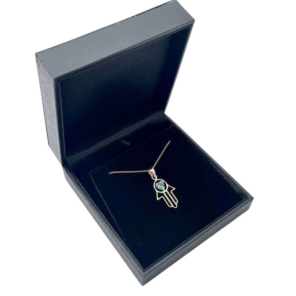 Heart Shaped Blue Topaz Hamsa Pendant - 14k Gold - Image 8