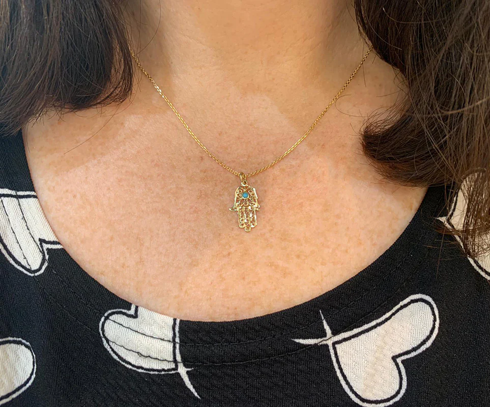 Hamsa Hand Pendant - 14k Yellow Gold Filigree Turquoise - Image 2