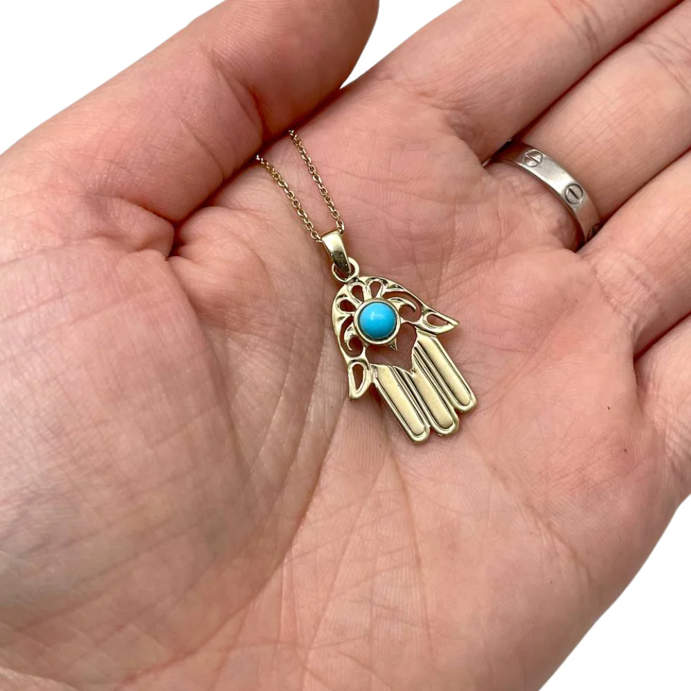 14k Gold Modern Turquoise Hamsa Pendant - Image 4